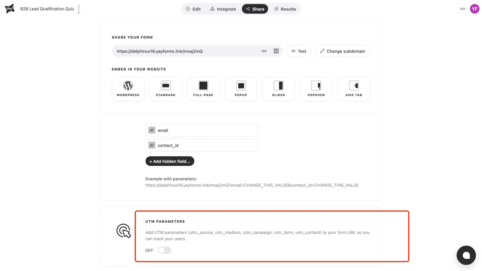 The UTM parameters section, switched off
