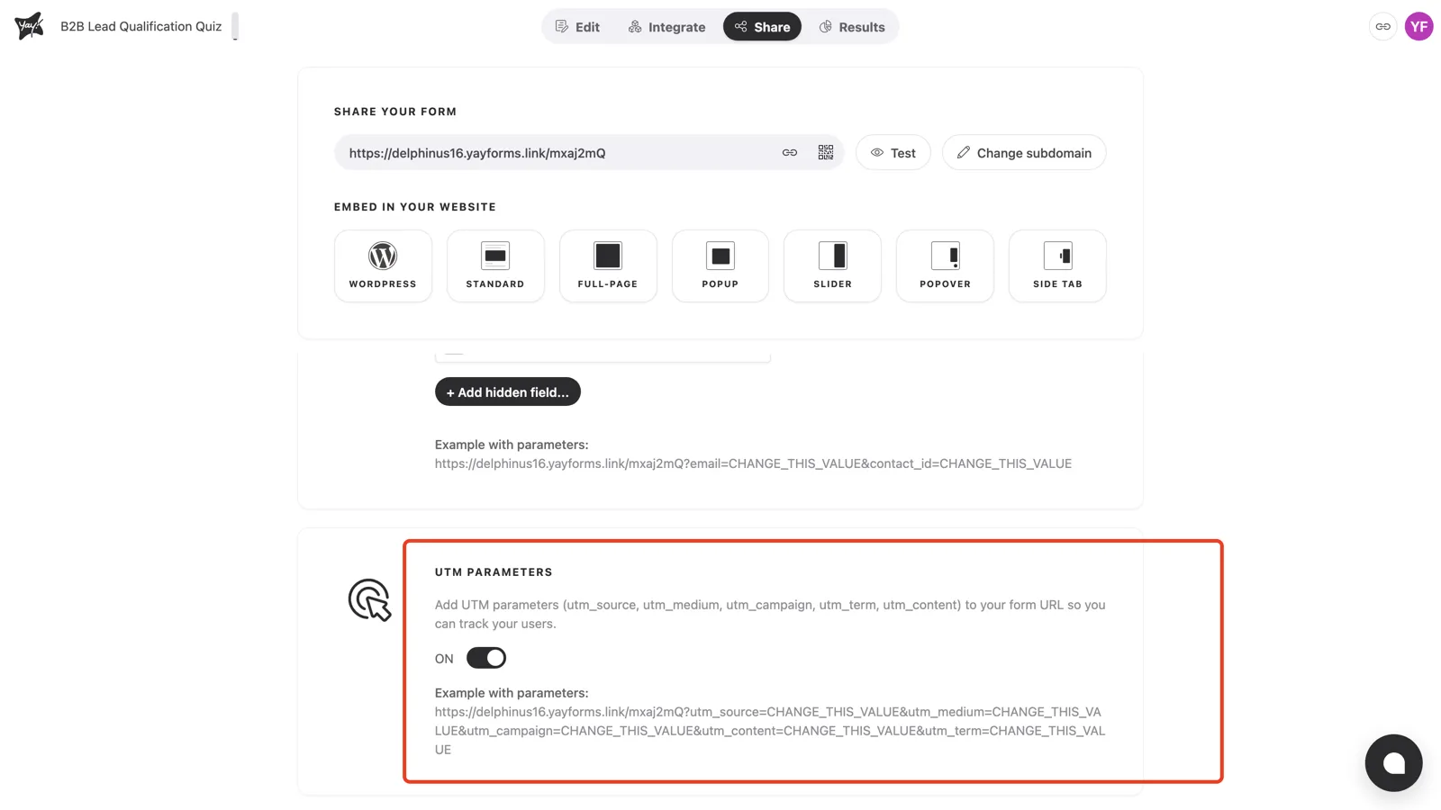 The UTM parameters section on, showing the example URL with all five tags