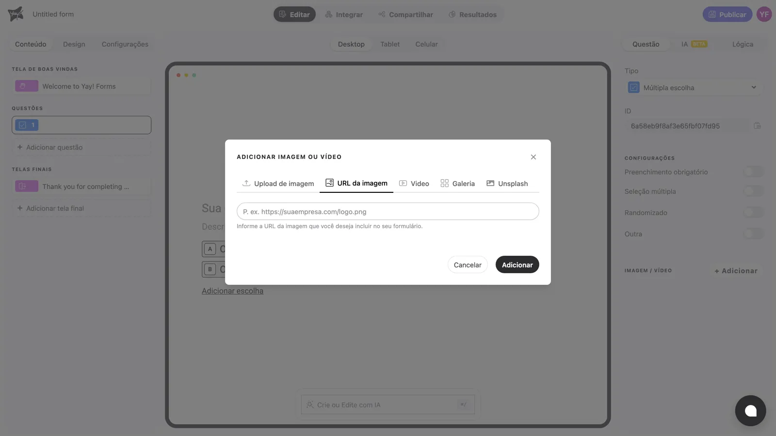 A aba URL da imagem selecionada no painel de mídia