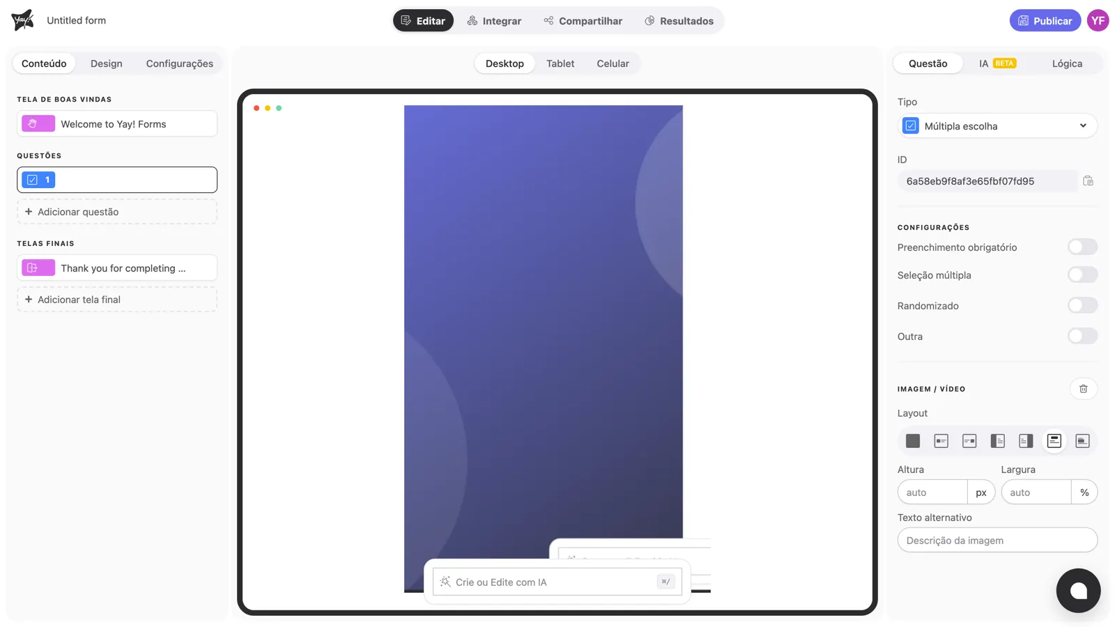 A pergunta com uma imagem anexada e os controles de mídia no painel