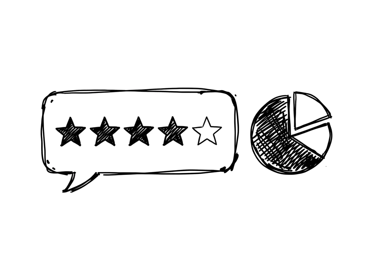 Hand-drawn illustration of a speech bubble holding five stars, four of them filled in, beside a small pie chart