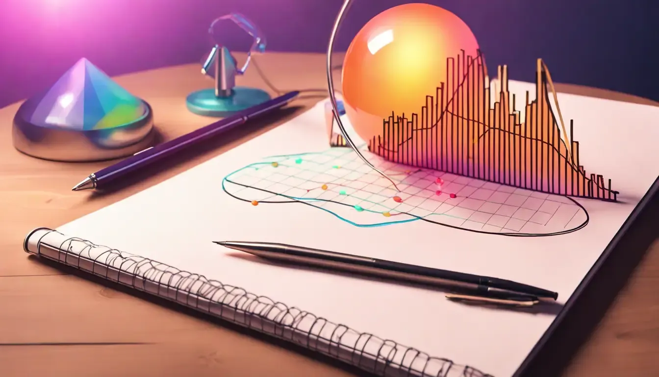Gráfico de análise preditiva com curvas ascendentes sobre prancheta ao lado de bola de cristal iluminados por abajur, representando a previsão do comportamento do consumidor.