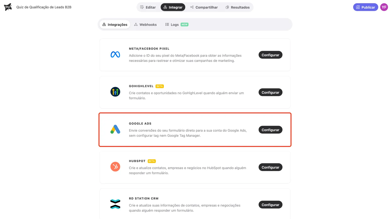 A aba Integrar com o card do Google Ads em destaque