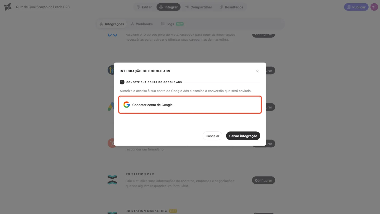 A etapa 1 do modal da integração, com a opção Conectar conta de Google em destaque