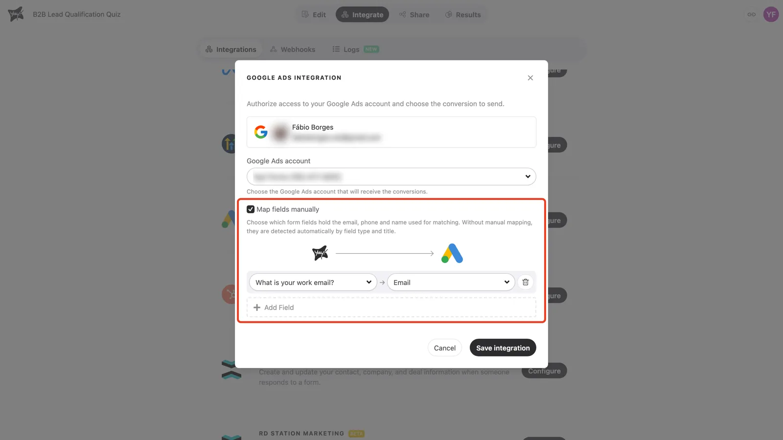 Manual mapping enabled, with the work email question mapped to Email
