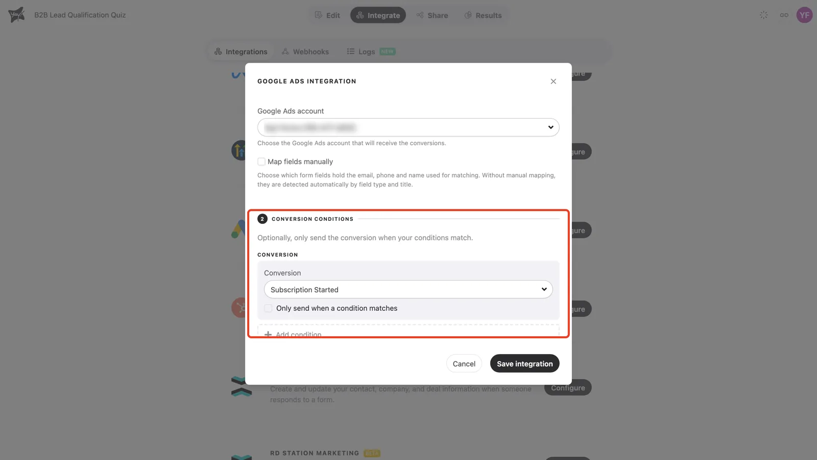 Step 2 with a conversion action selected in the Conversion dropdown