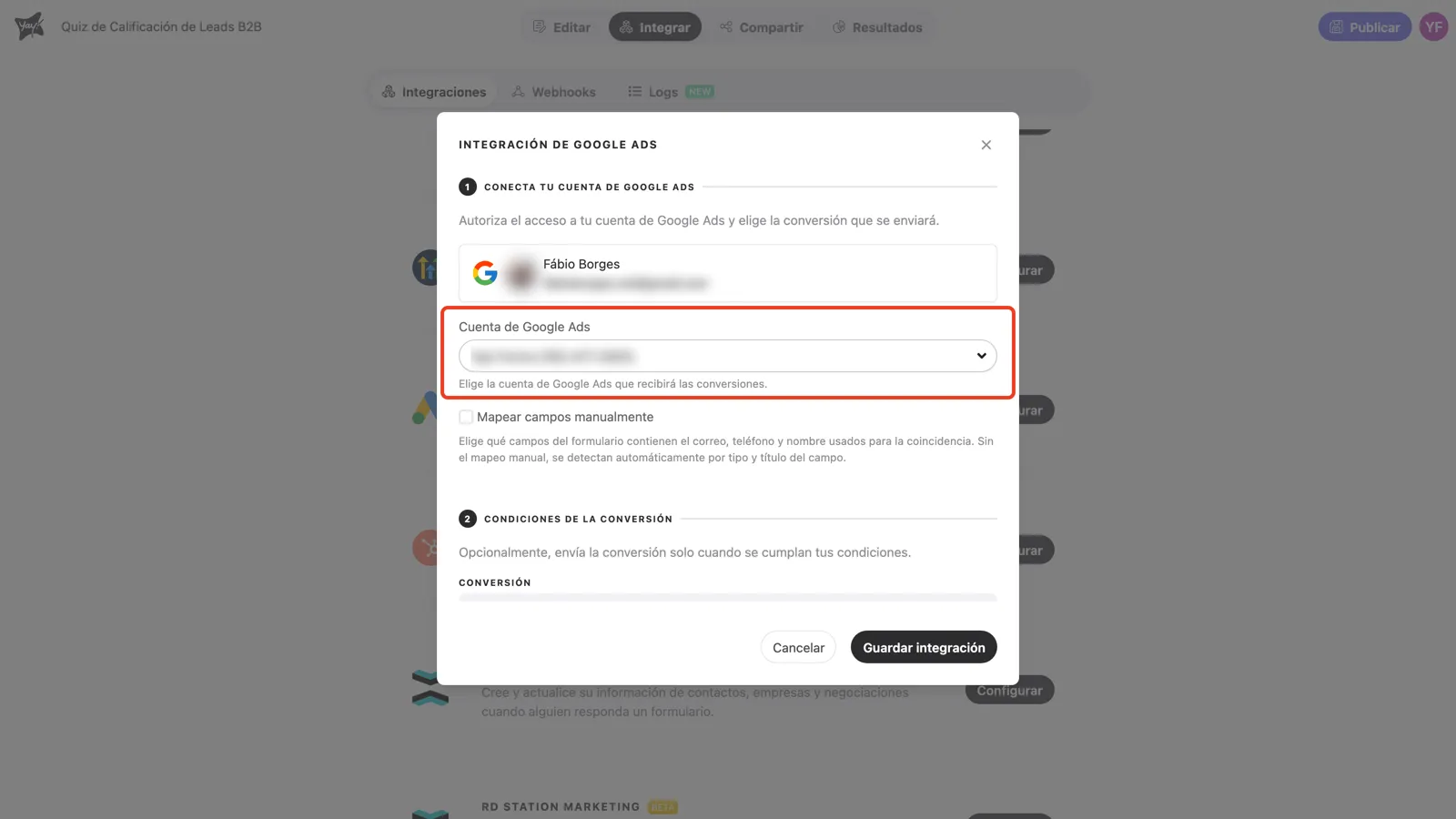 El campo Cuenta de Google Ads con una cuenta seleccionada