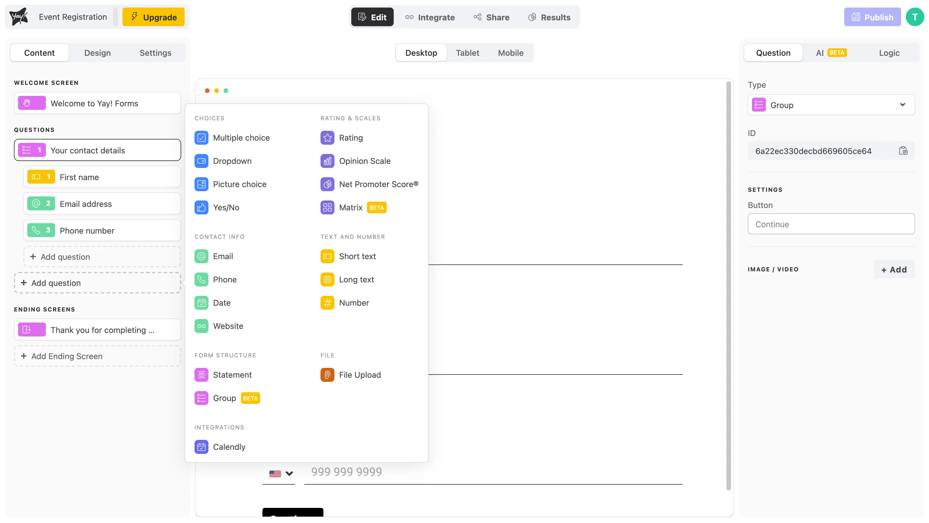 The question type menu with Group highlighted under Form structure