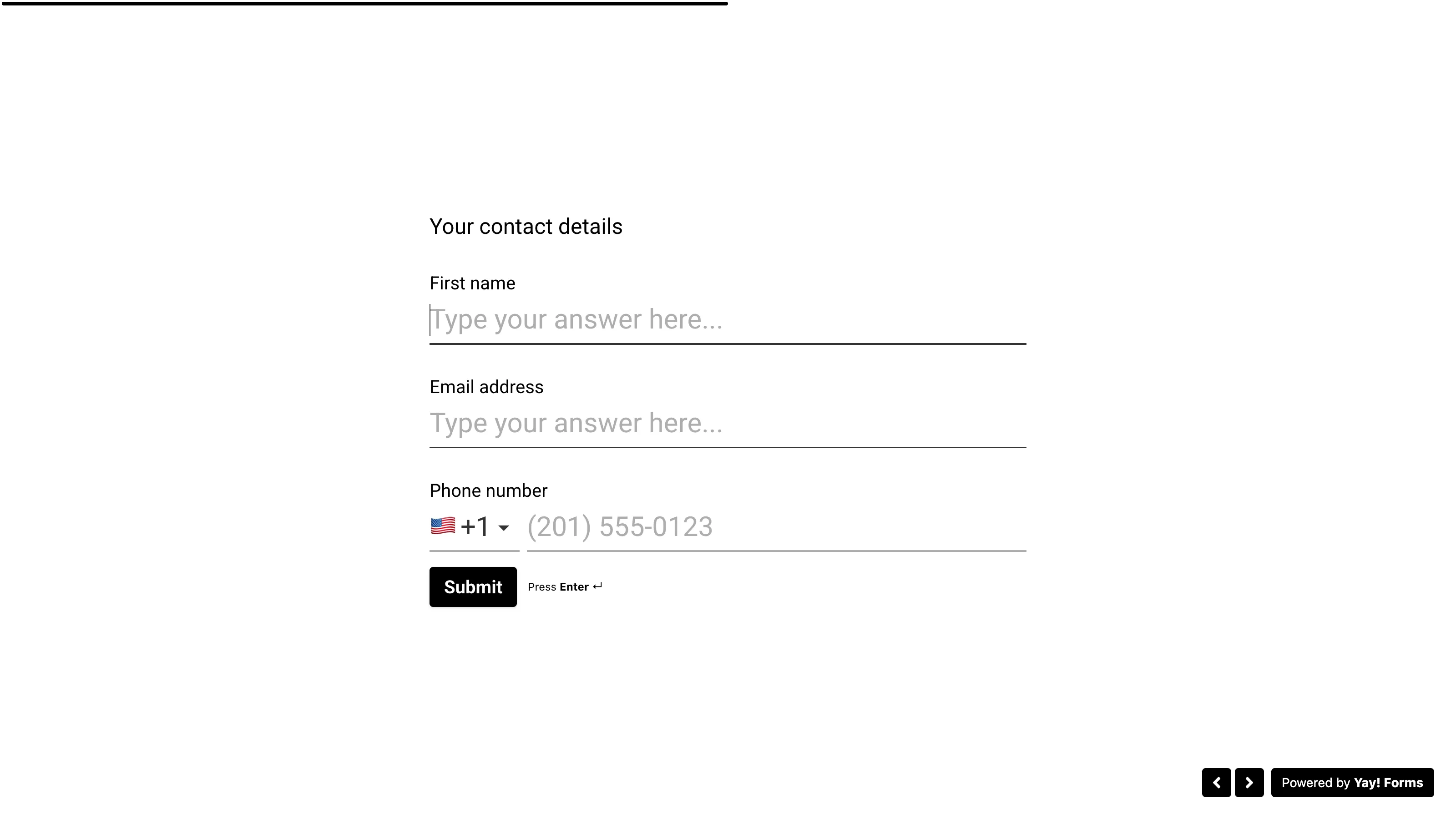 The respondent view: the group title with First name, Email, and Phone fields stacked above the button