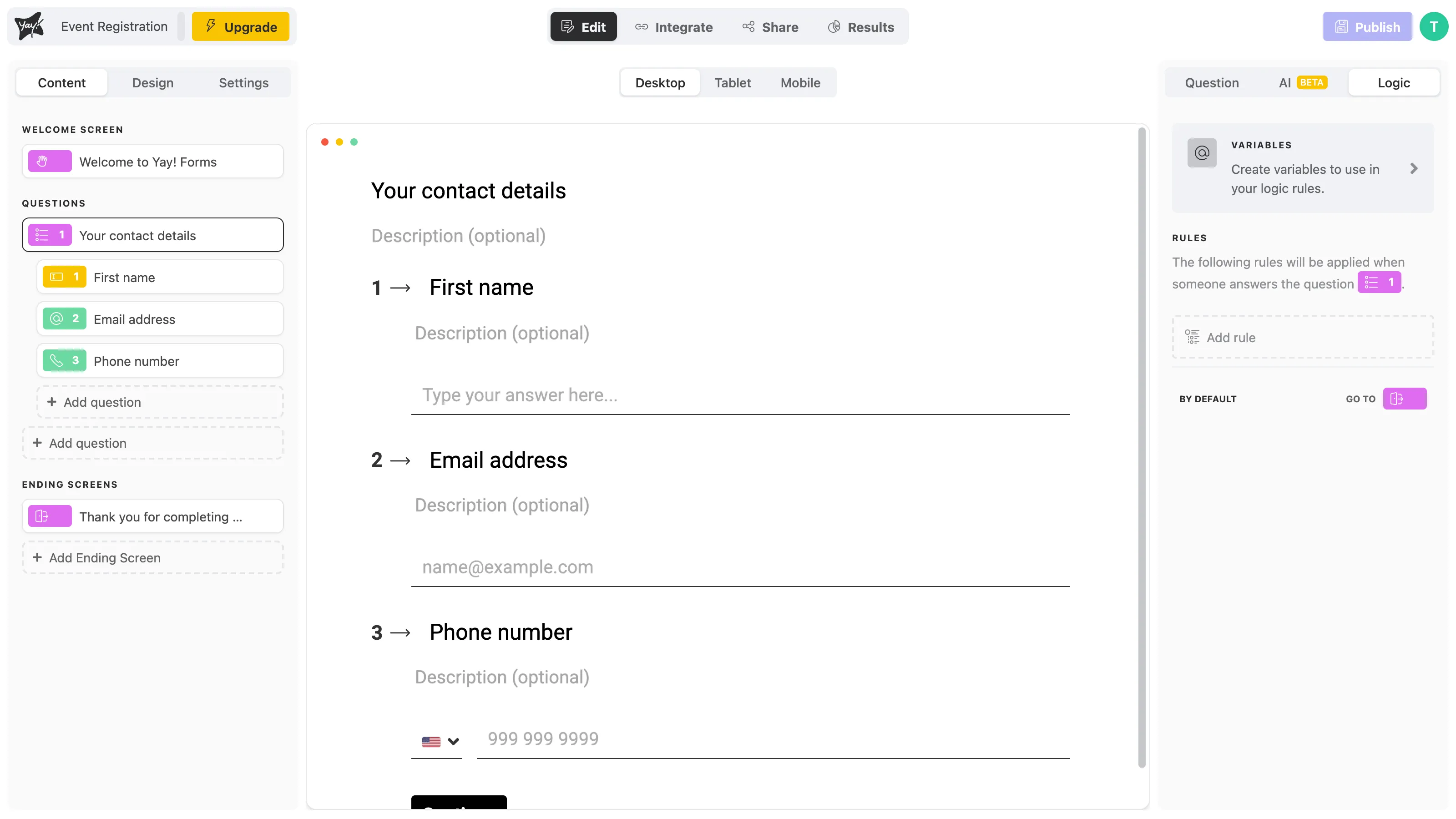 The Logic tab for a group, showing the Rules section and the default destination