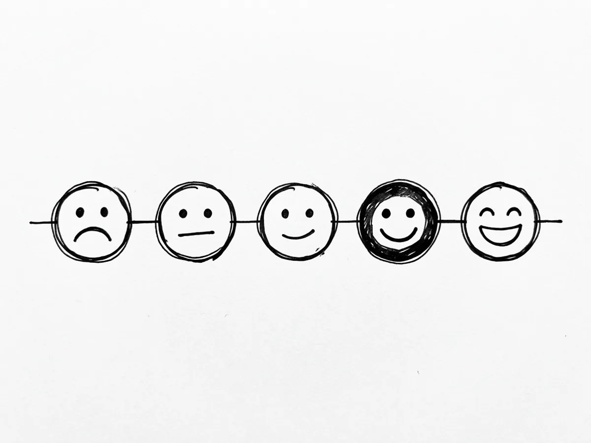Hand-drawn illustration of a five-point rating scale, from a sad face to a happy face