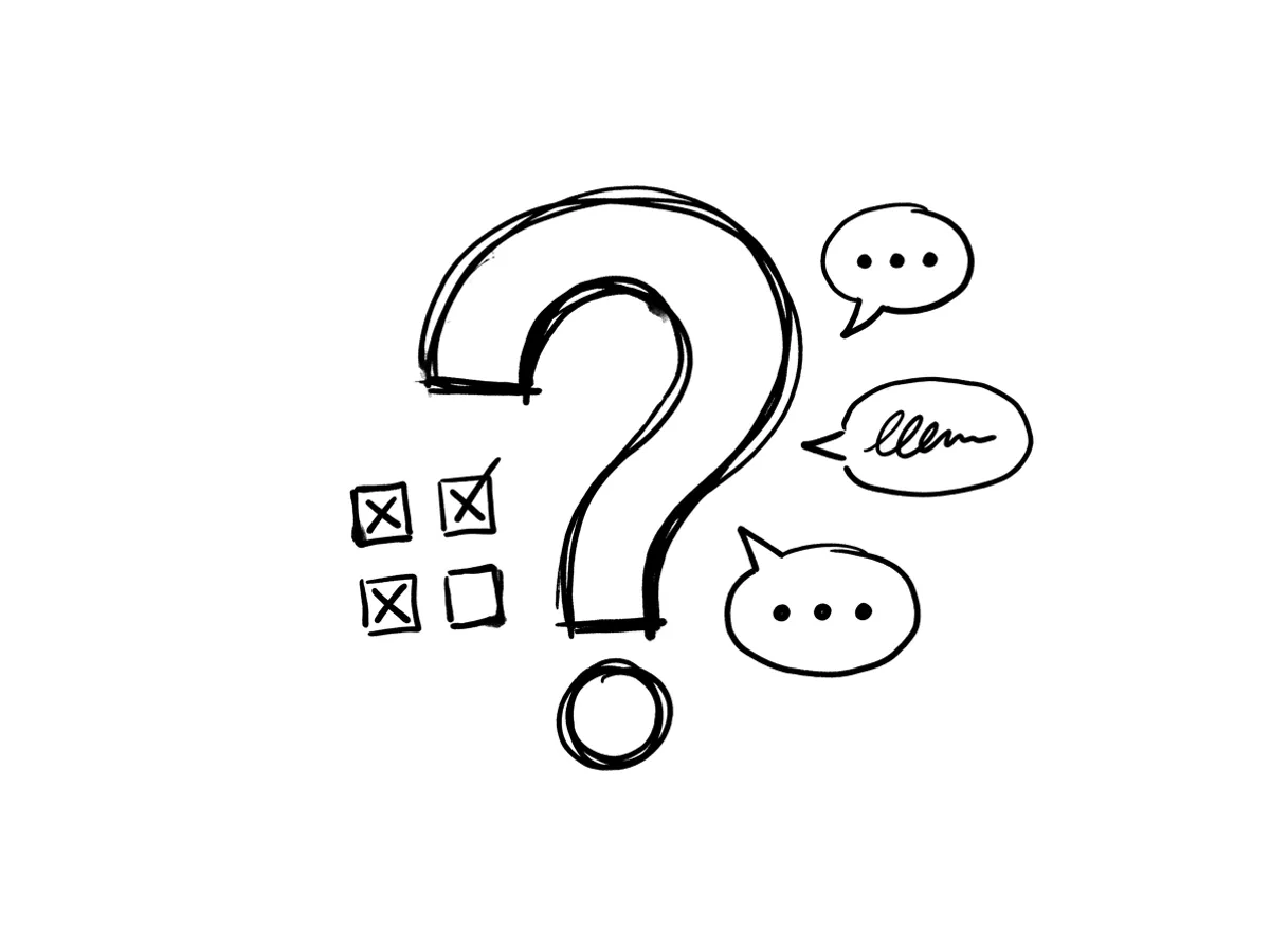 Hand-drawn illustration of a large question mark surrounded by checkboxes and speech bubbles
